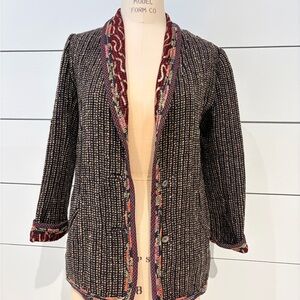 Vintage Textured Open Blazer Jacket with Burgundy Trim Tweed